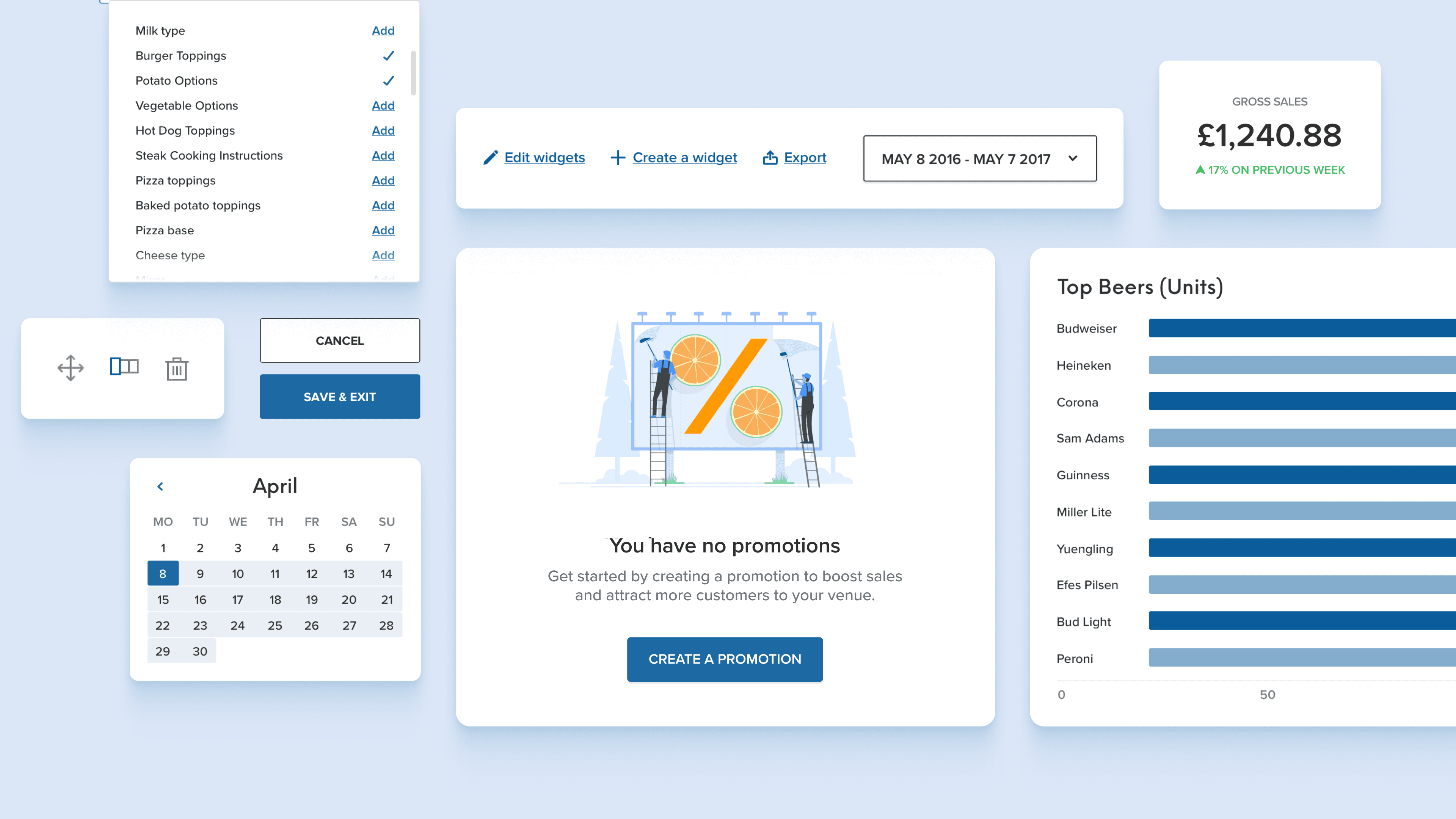 Back office promotion builder and sales widget editor in Akru system with chart for top beer sales