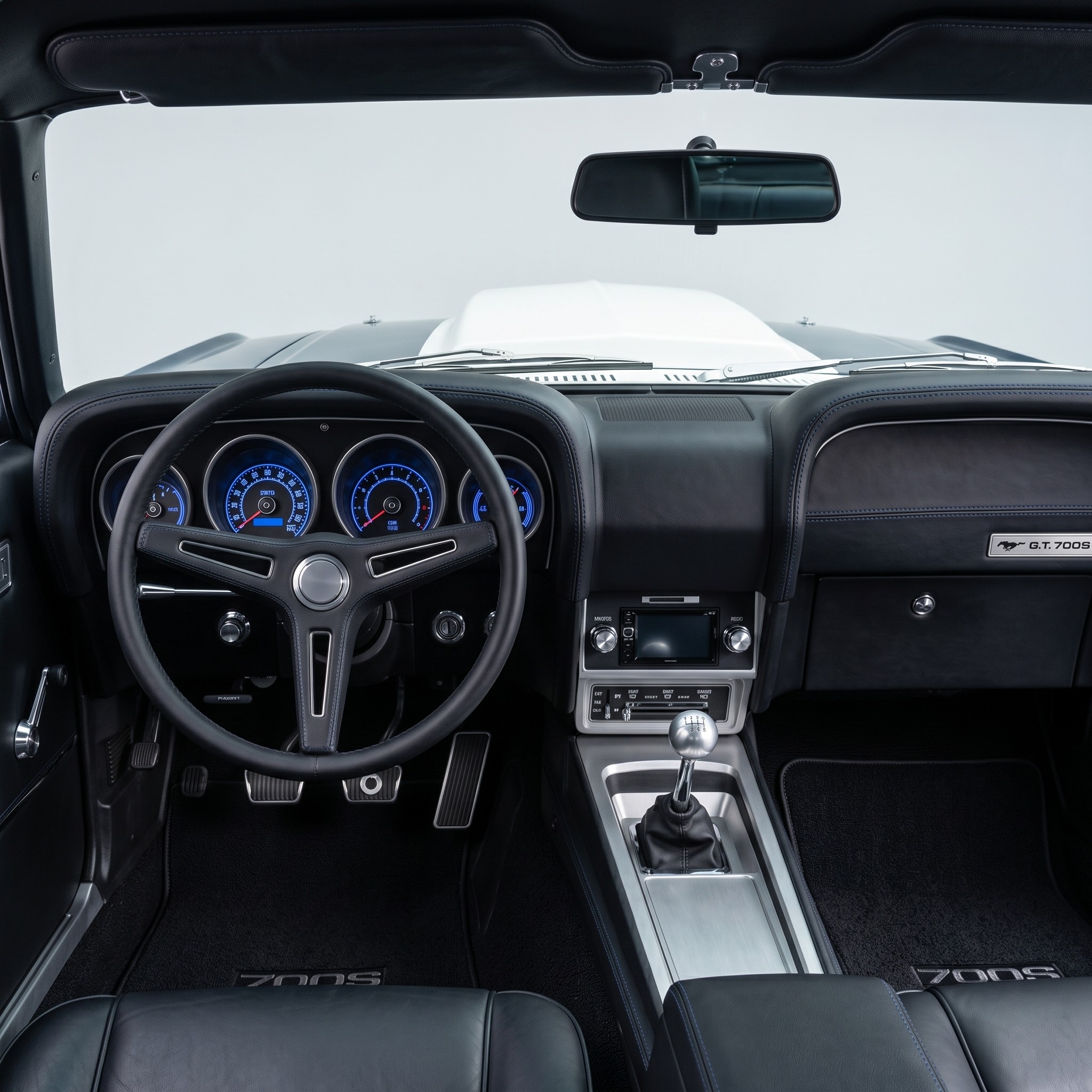 Clean ,polished interior of a mustang car.