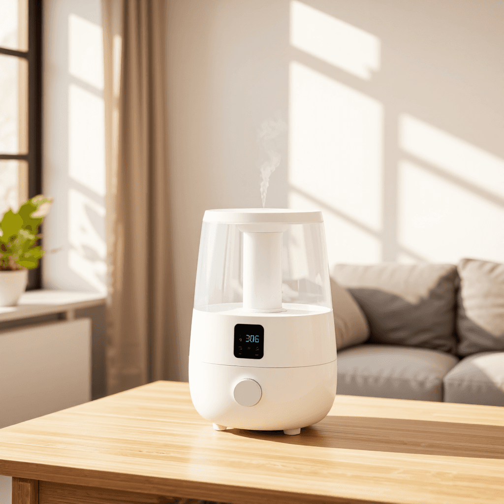 product photography of a humidifier for home use, designed to add moisture to the air