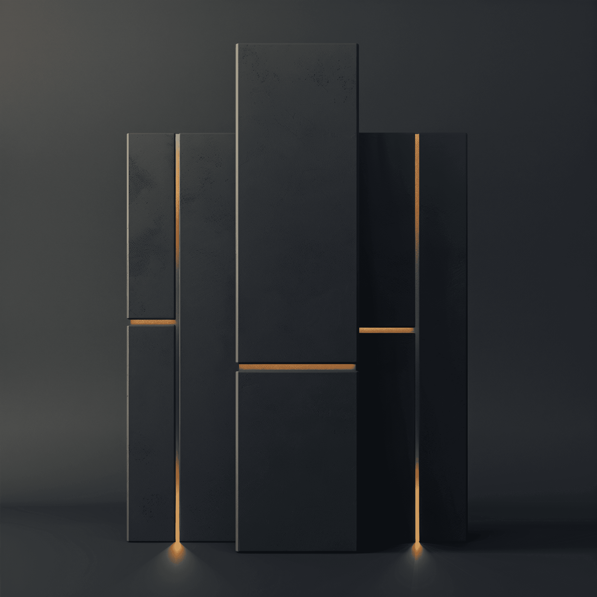 Three dark monolith pillars crossed by a thin line of warm light