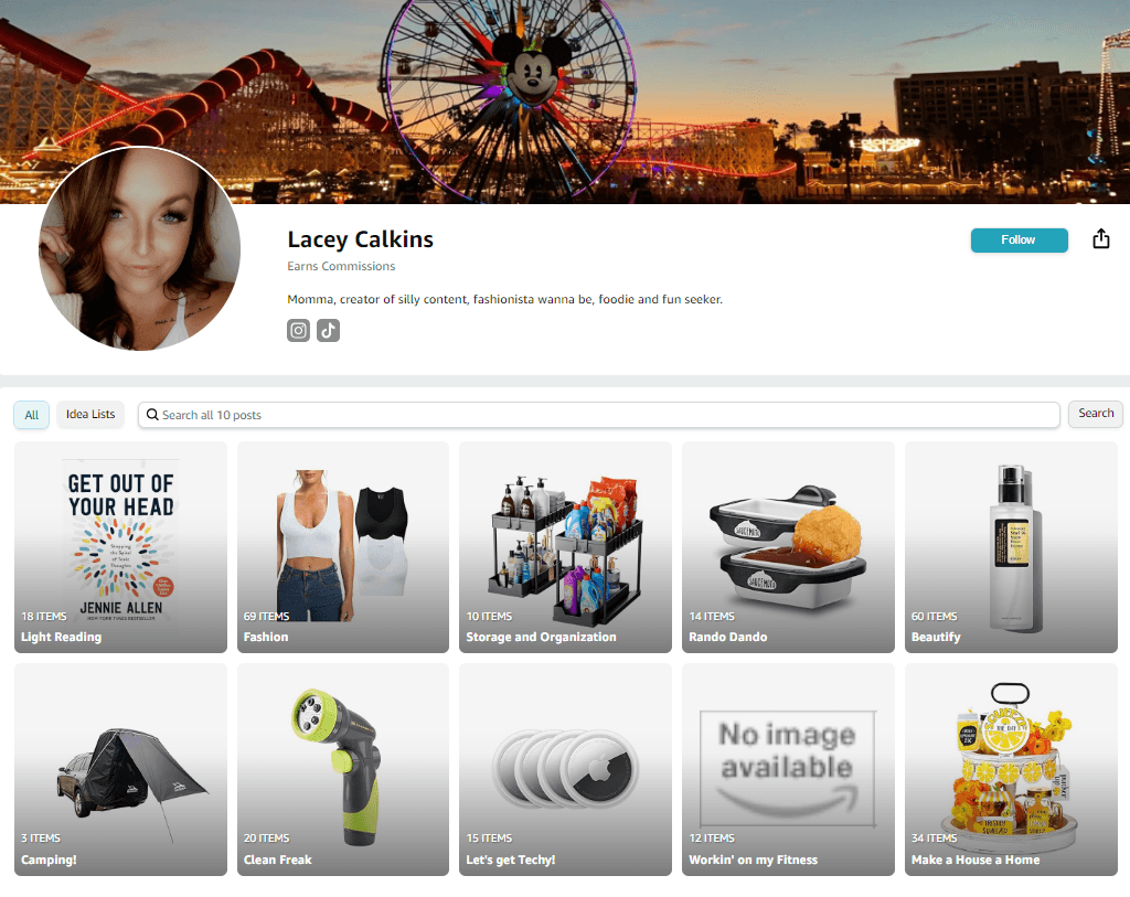 screenshot of influencer Lacey Calkin’s amazon storefront