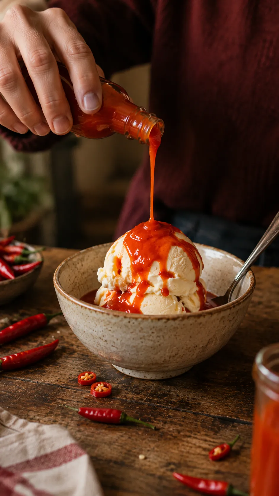 Red hot sauce drizzled over a scoop of vanilla ice cream