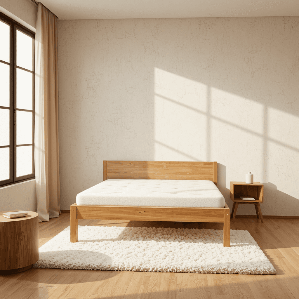product photography of a wooden bed frame with a mattress