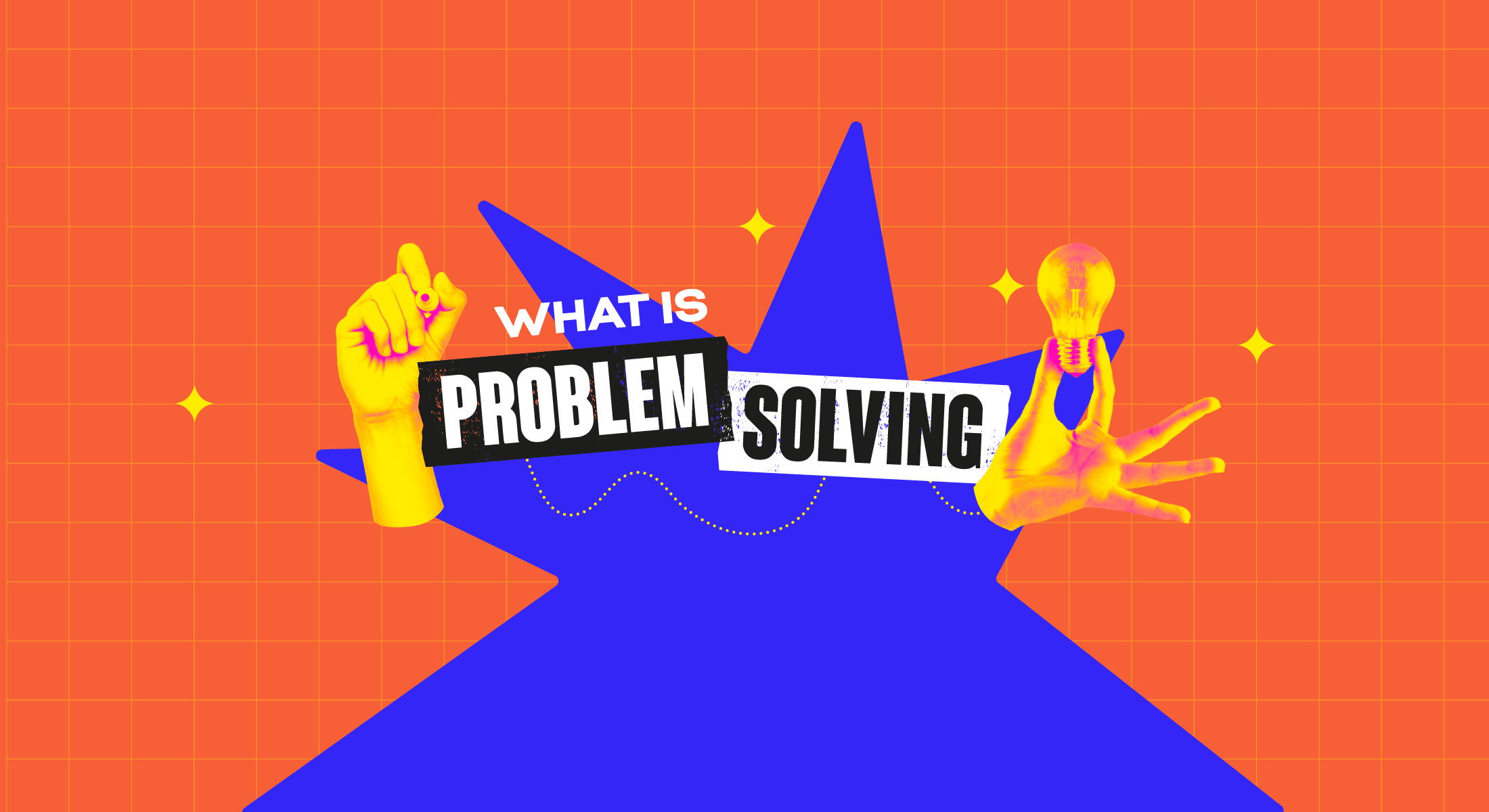 Wide banner with hands pointing and holding a light bulb on a blue star burst over orange grid about problem-solving