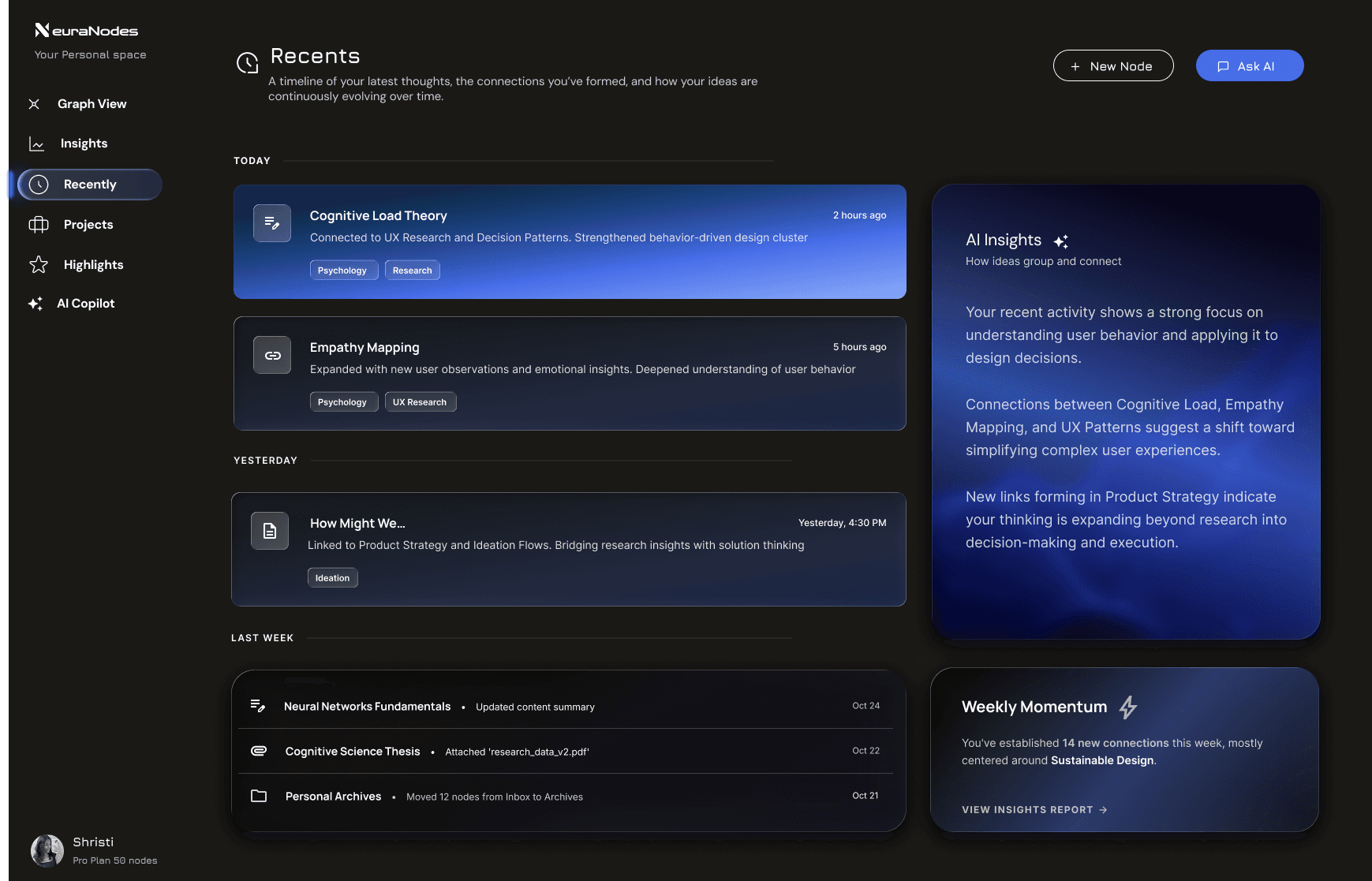 A dynamic activity hub that surfaces recent work, updates, and insights. The layout prioritizes scannability, enabling users to quickly pick up where they left off.