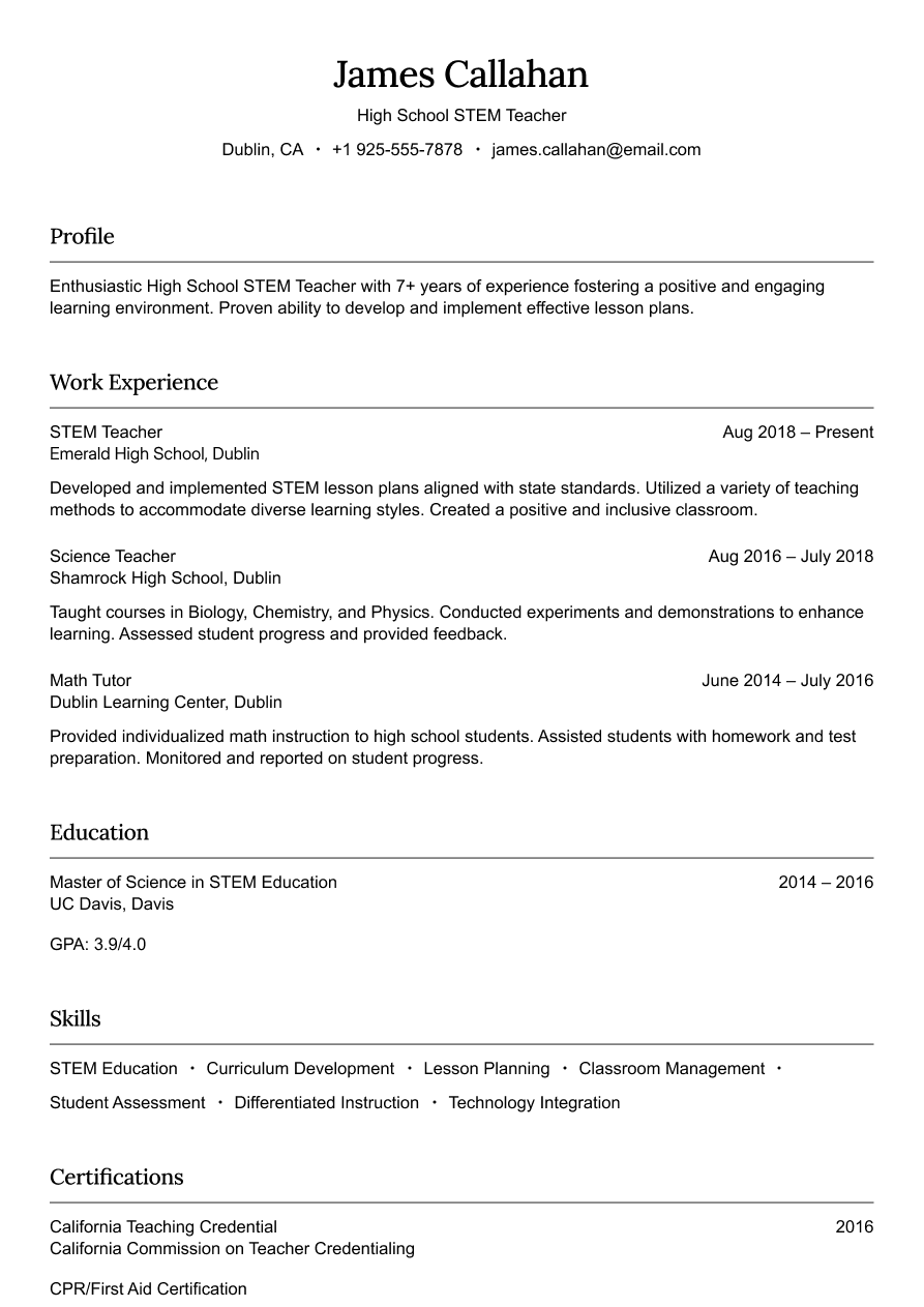 High school STEM teacher resume example