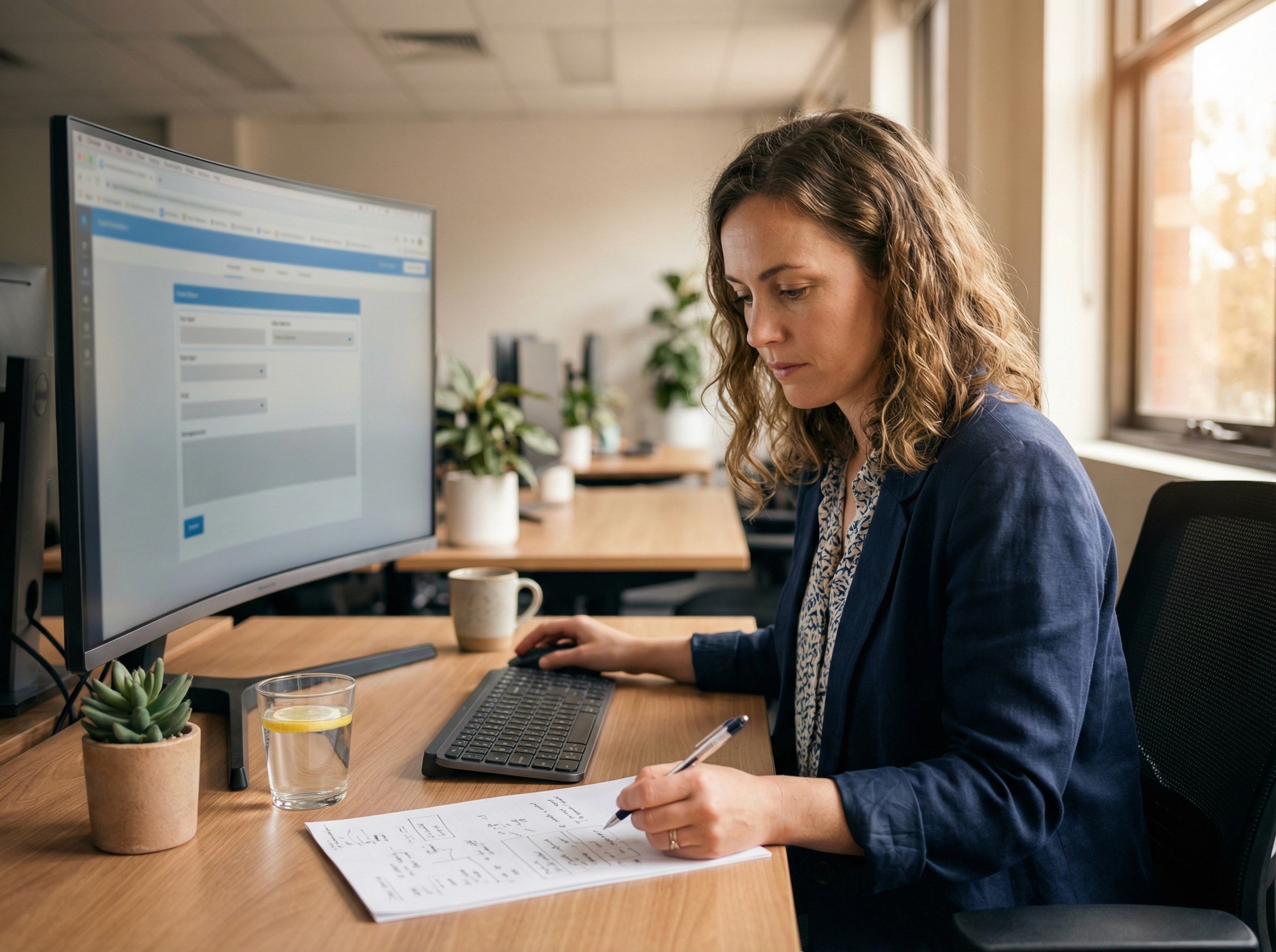 A people-and-culture lead in her early 30s working at a large monitor in a bright, modern co-working-style office.