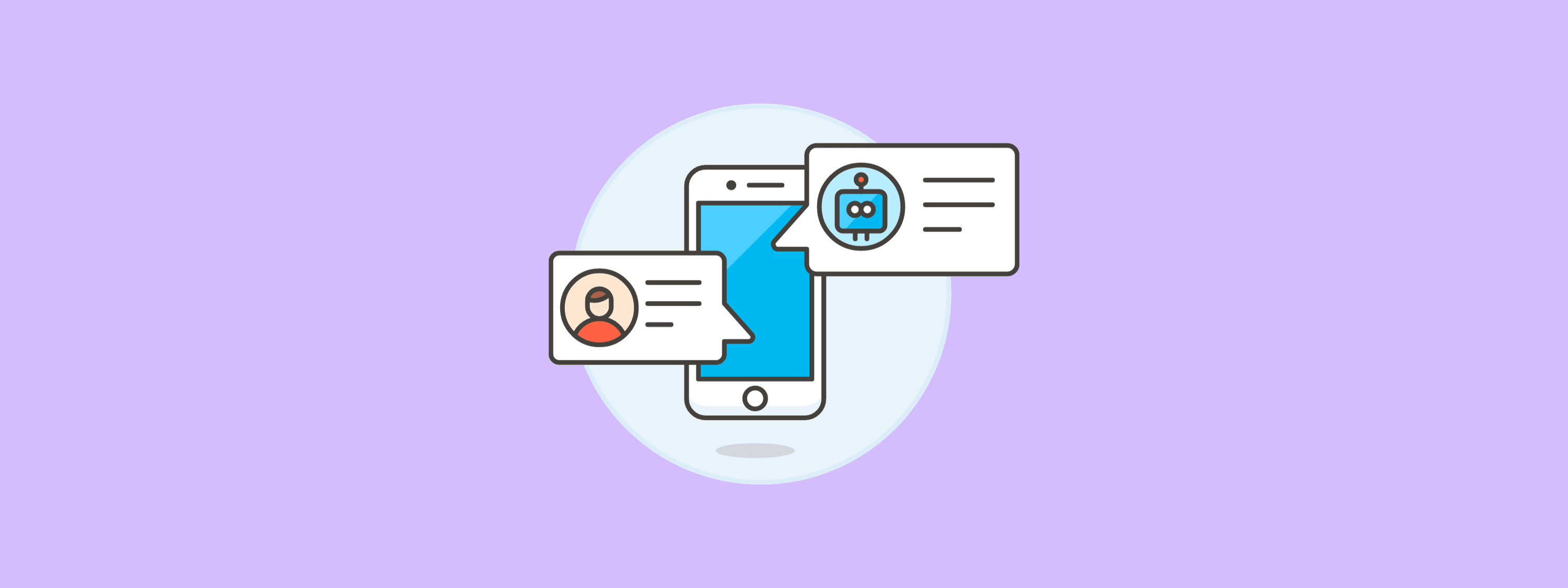 A graphic of a smartphone displaying a messaging conversation between a user profile icon and a robot chatbot icon