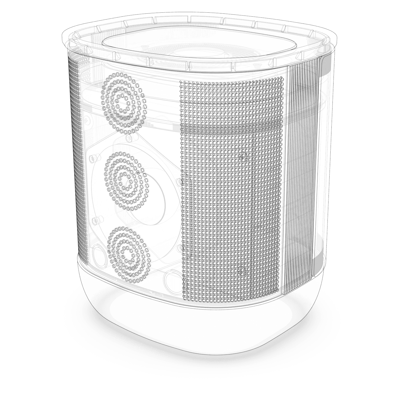 A wireframe image of a speaker.
