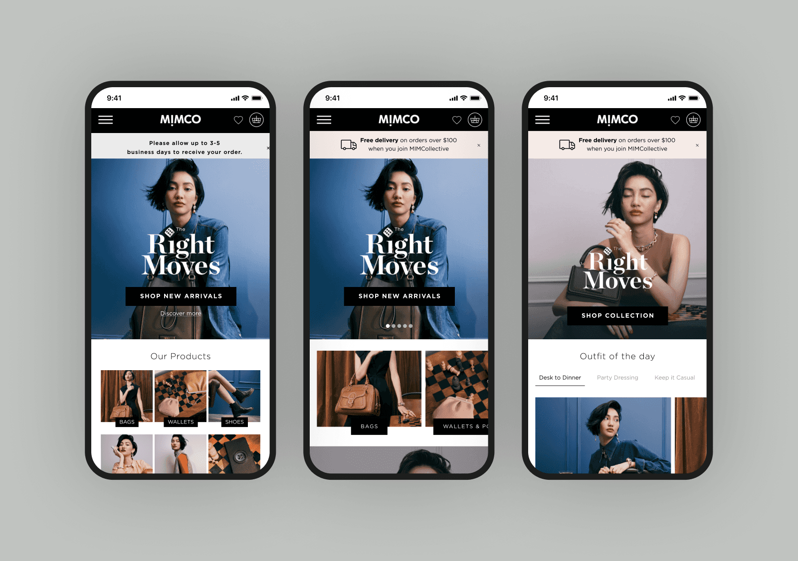 3 mobile screens showcasing a homepage CRO test for Mimco
