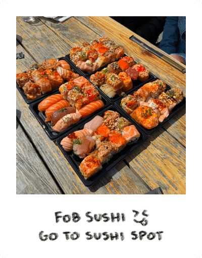 Photo of 6 boxes of FOB sushi, Vivian's go to sushi spot.