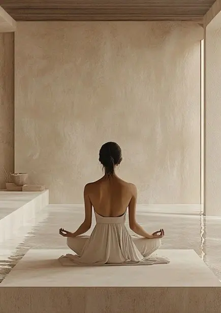 A person sits in a serene yoga pose on a platform surrounded by calm, reflective water in a minimalist, neutral-toned room.