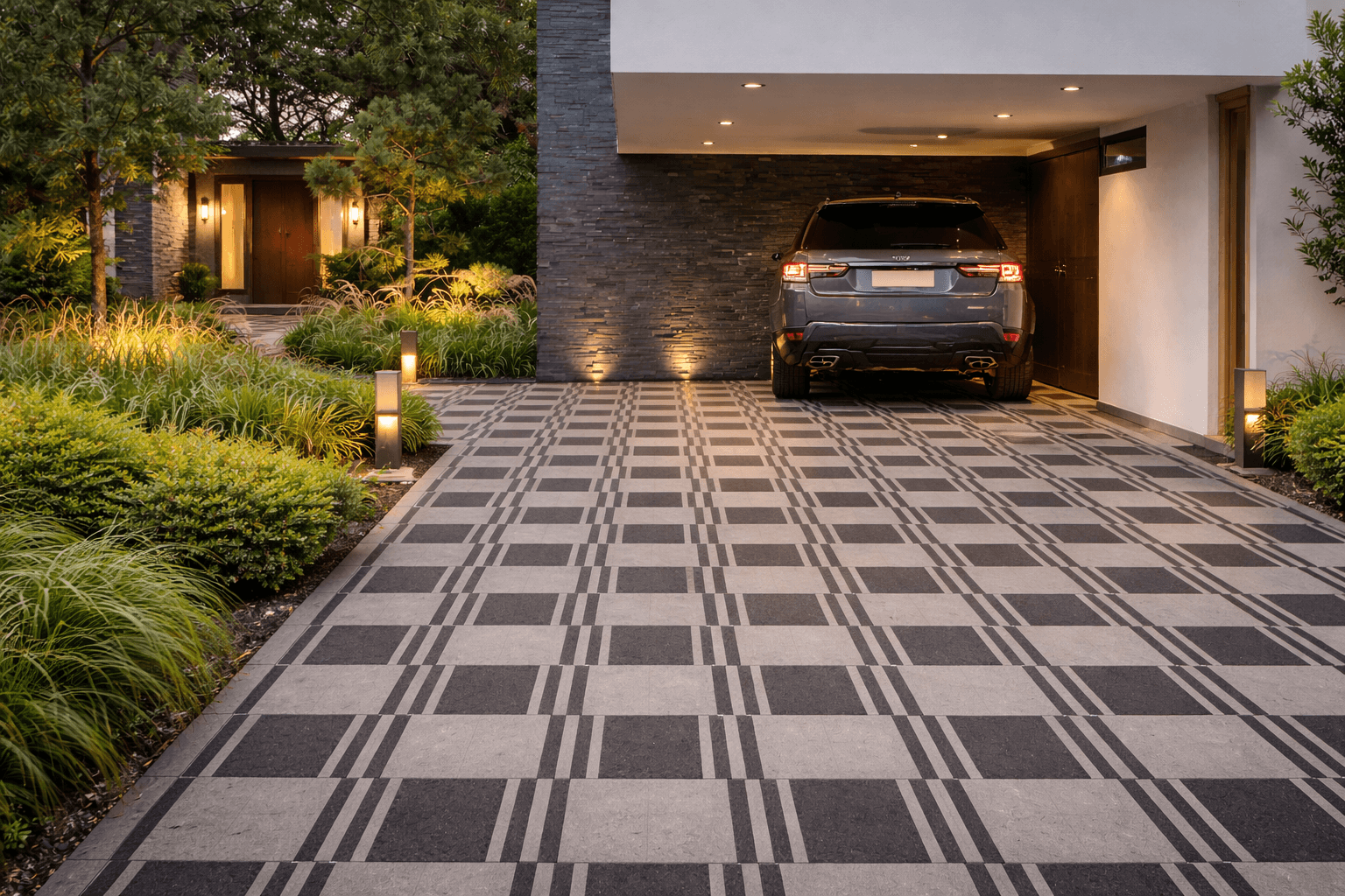 Barcode stone paving installed in modern residential driveway with linear striped pattern design