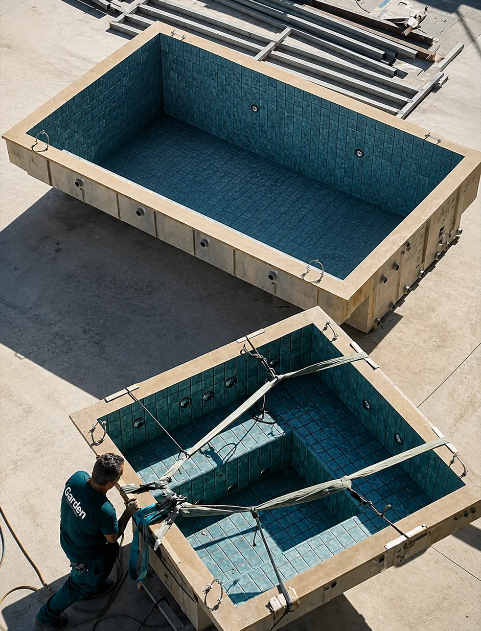 Piscinas em fibra de vidro sendo preparadas na fábrica da Garden