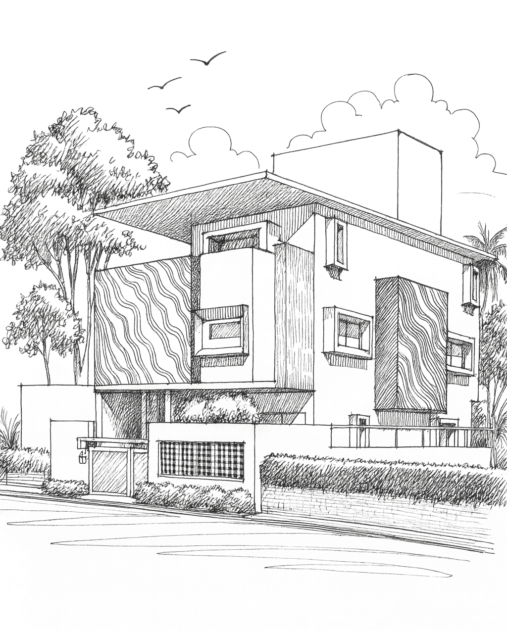 Modern two-story residence architectural sketch with a geometric facade, textured cladding, recessed windows, balcony, and landscaped frontage.