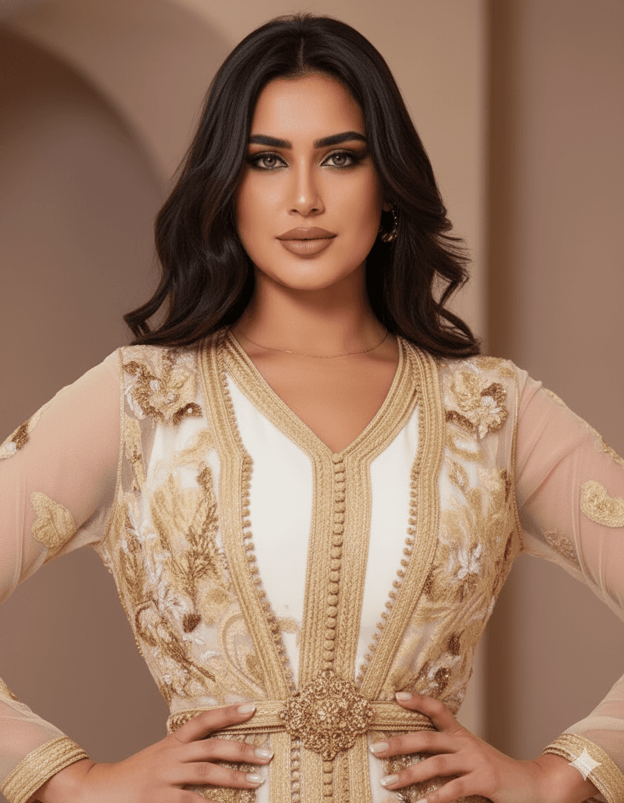 Beige and gold Moroccan caftan with intricate embroidery, handmade luxury caftan crafted in Morocco and Bahrain