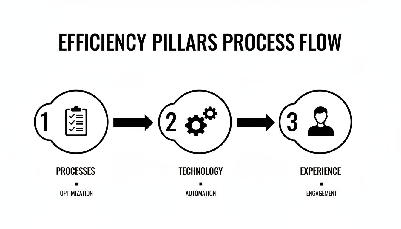 Diagram illustrating three efficiency pillars process flow: processes, technology, and experience.
