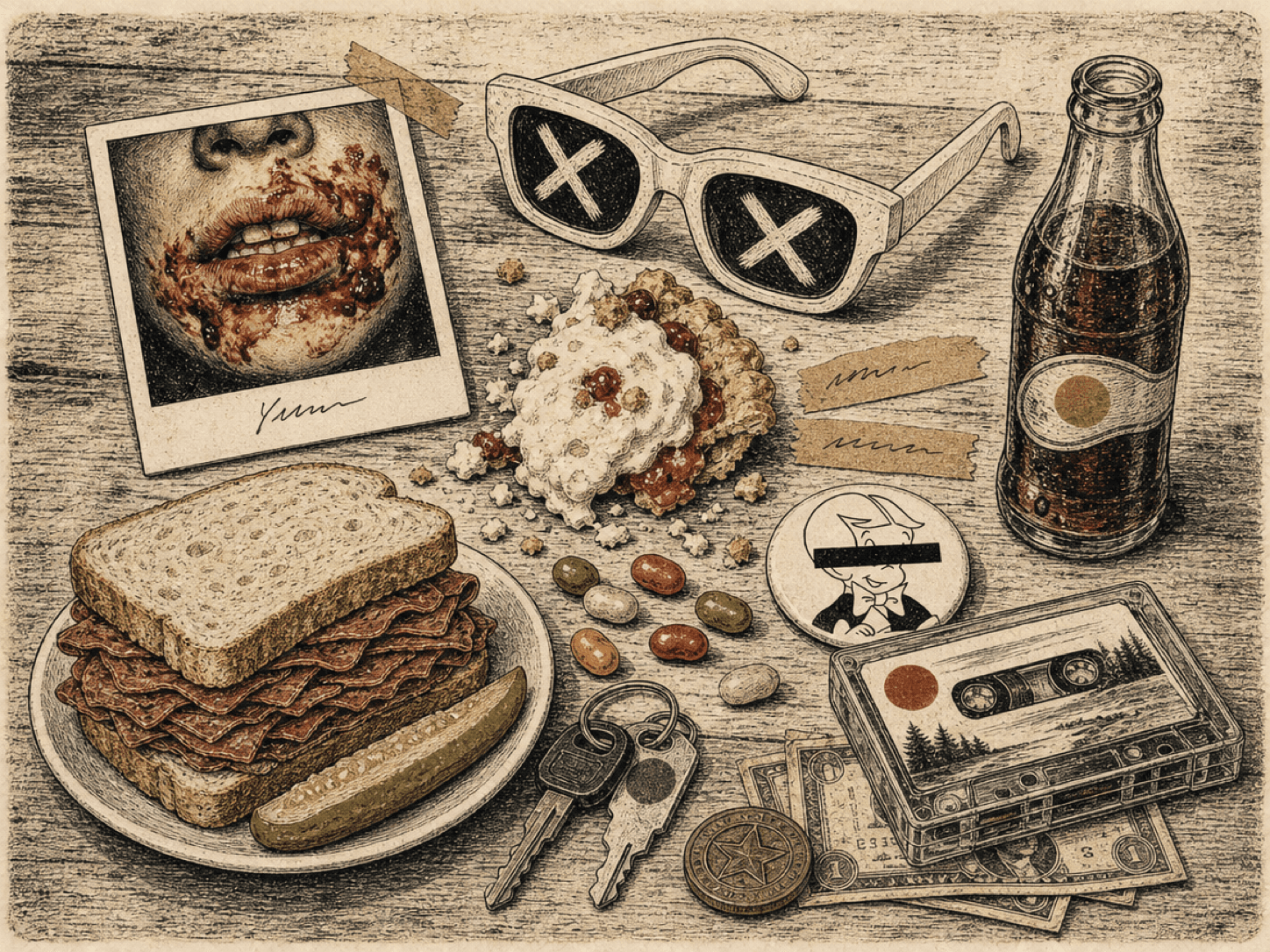 Hand-drawn microphone and drum machine on a picnic blanket beside a giant dessert