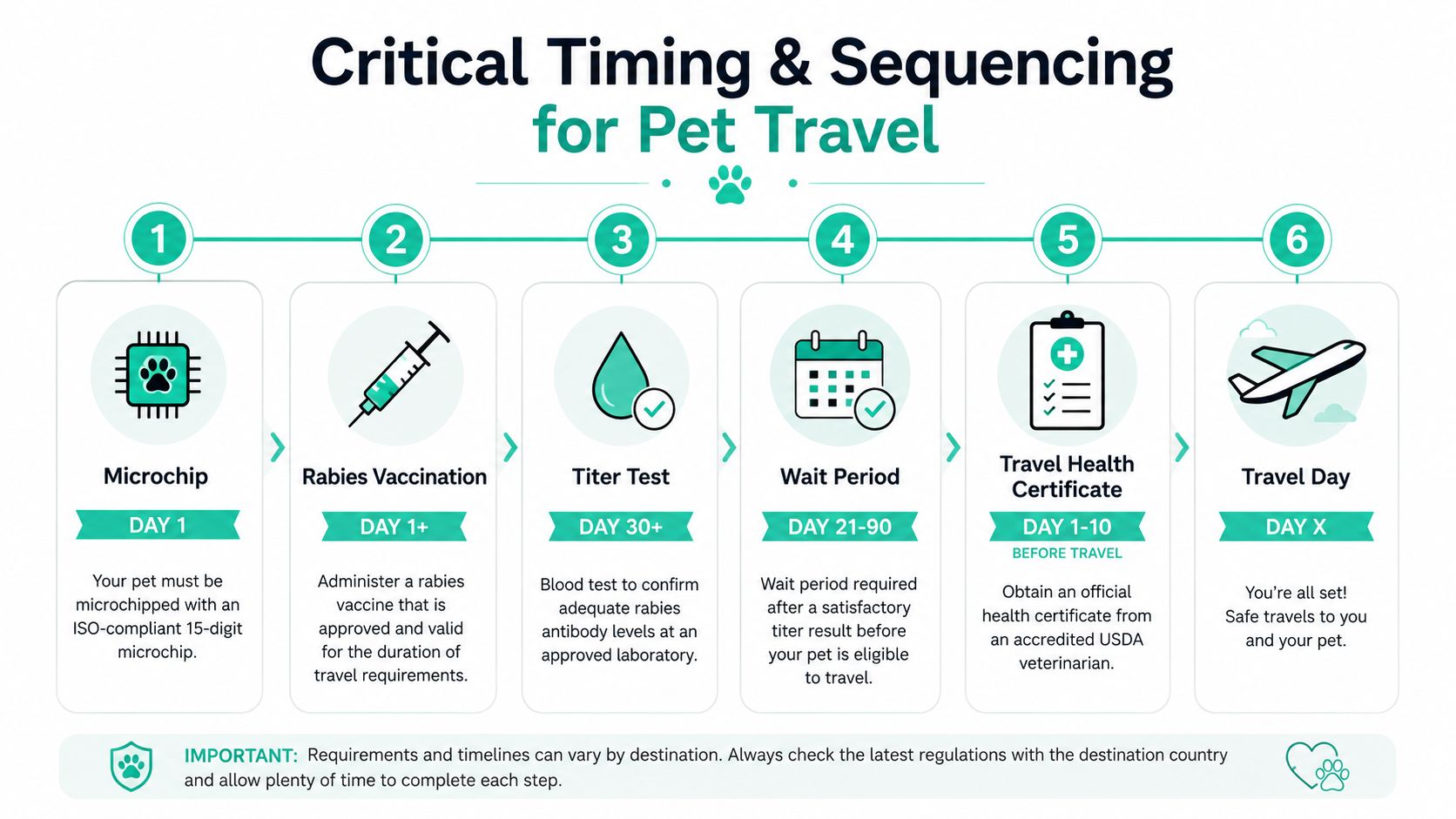 An infographic showing six sequential steps for preparing a pet for international travel, including microchipping, vaccinations, and certifications.