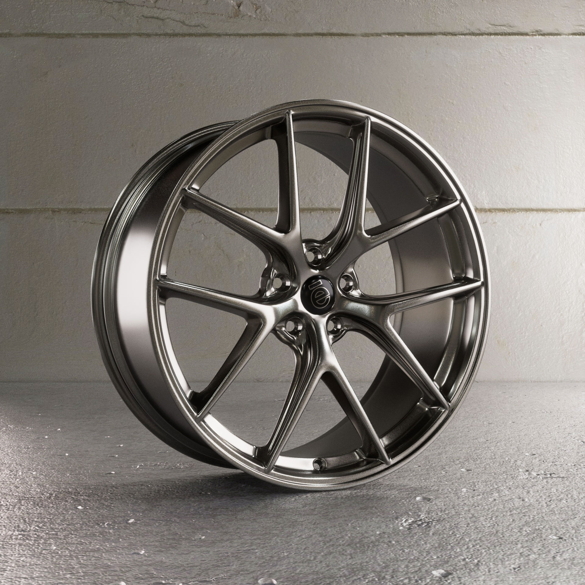 Dreiviertelansicht der gerenderten Felge in Silber-Gunmetal mit sichtbarer Felgentiefe und Speichenverlauf