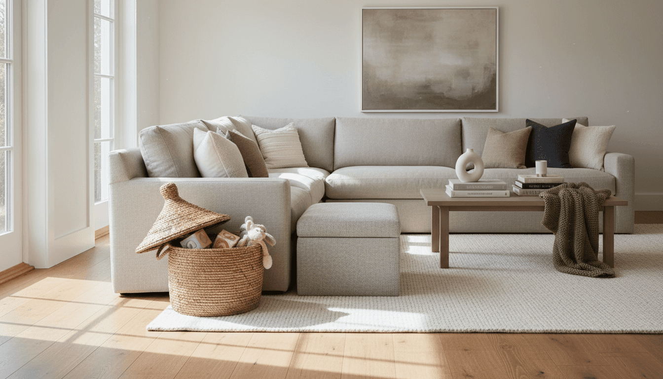 Modern living room with a large cream sectional sofa, minimalist decor, light wood floors, a round marble coffee table, and natural light streaming through sheer curtains. Cozy throw blanket in a woven basket, abstract wall art, and neutral color palette create a serene, contemporary home interior.