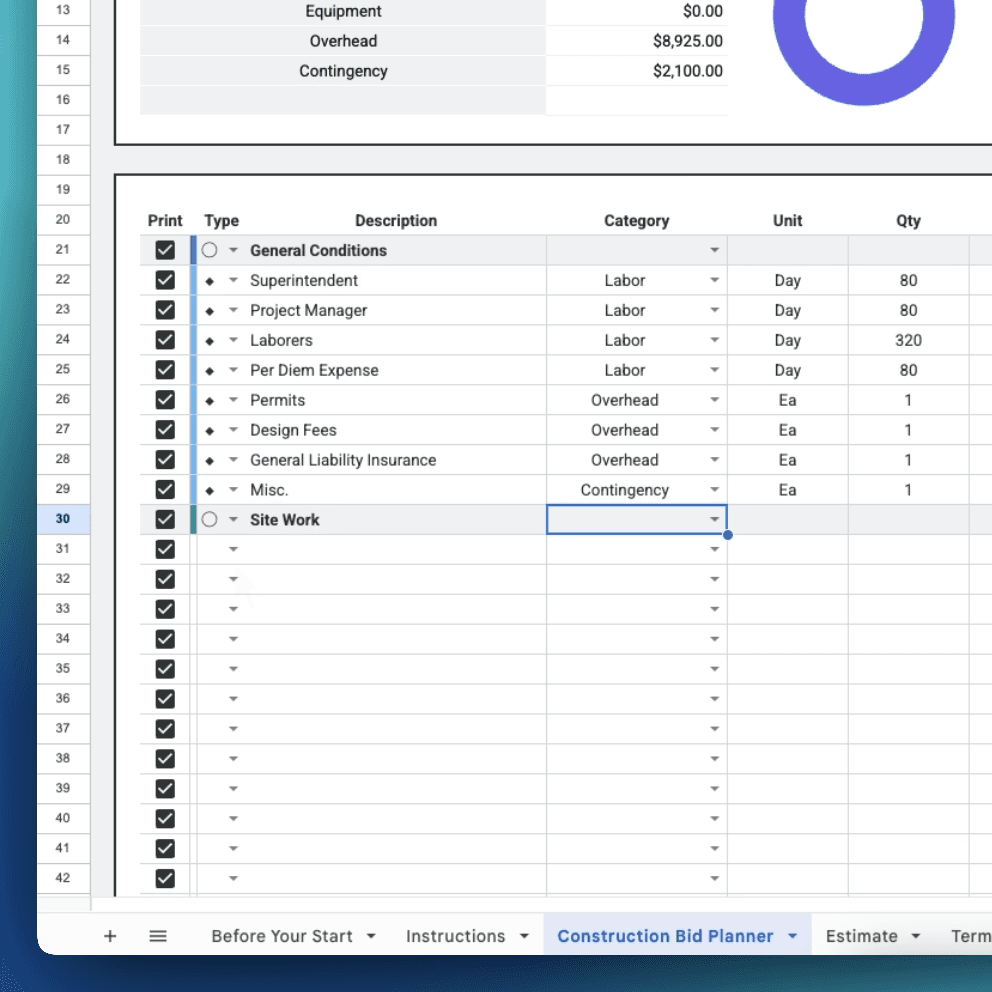 Construction Bid Template input table in Google Sheets – customizable categories dropdowns for General Conditions, Site Work, Concrete bids, Permits, and labor items with print checkboxes