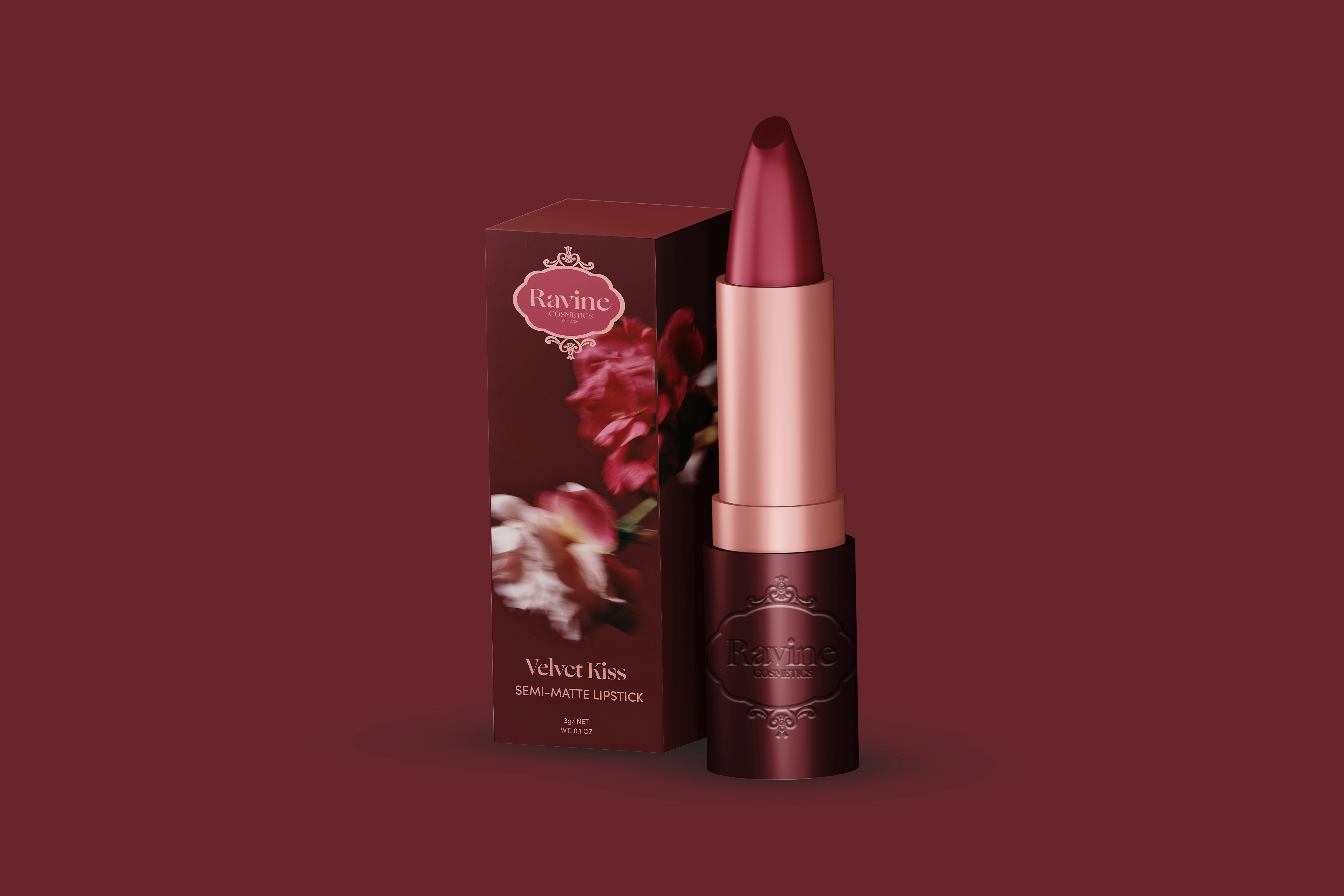red lipstick with floral packaging against a deep burgundy backdrop