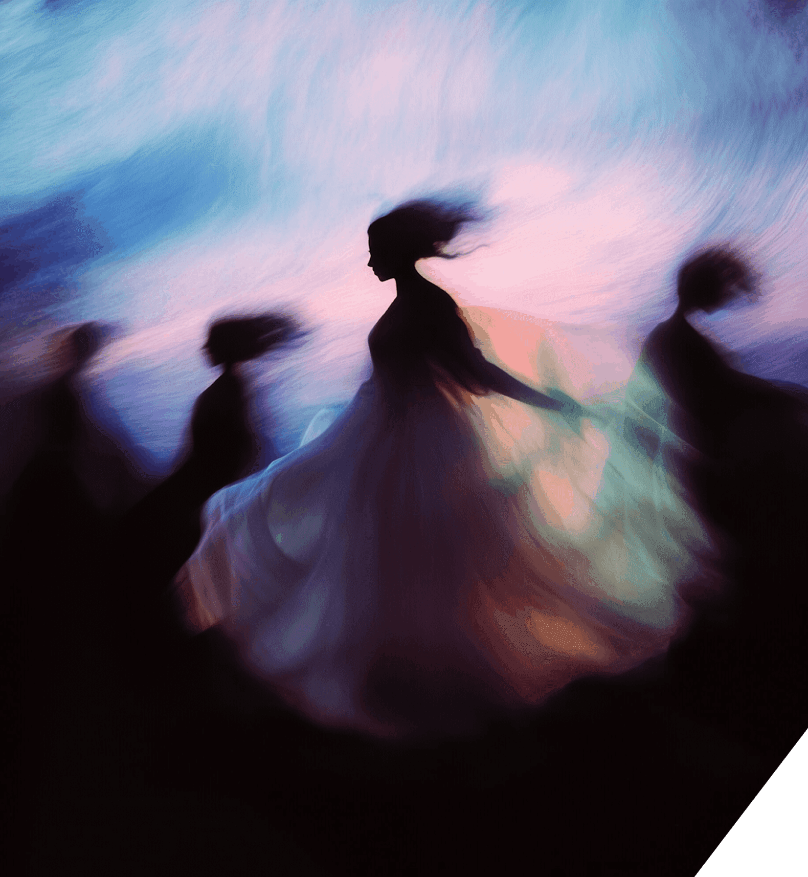 A woman twirls in a long dress, her movements fluid as the wind catches the fabric around her.