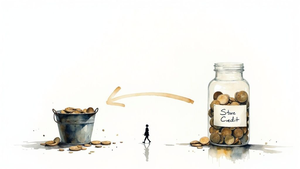 Watercolor image showing store credit in a jar being exchanged for coins in a bucket.