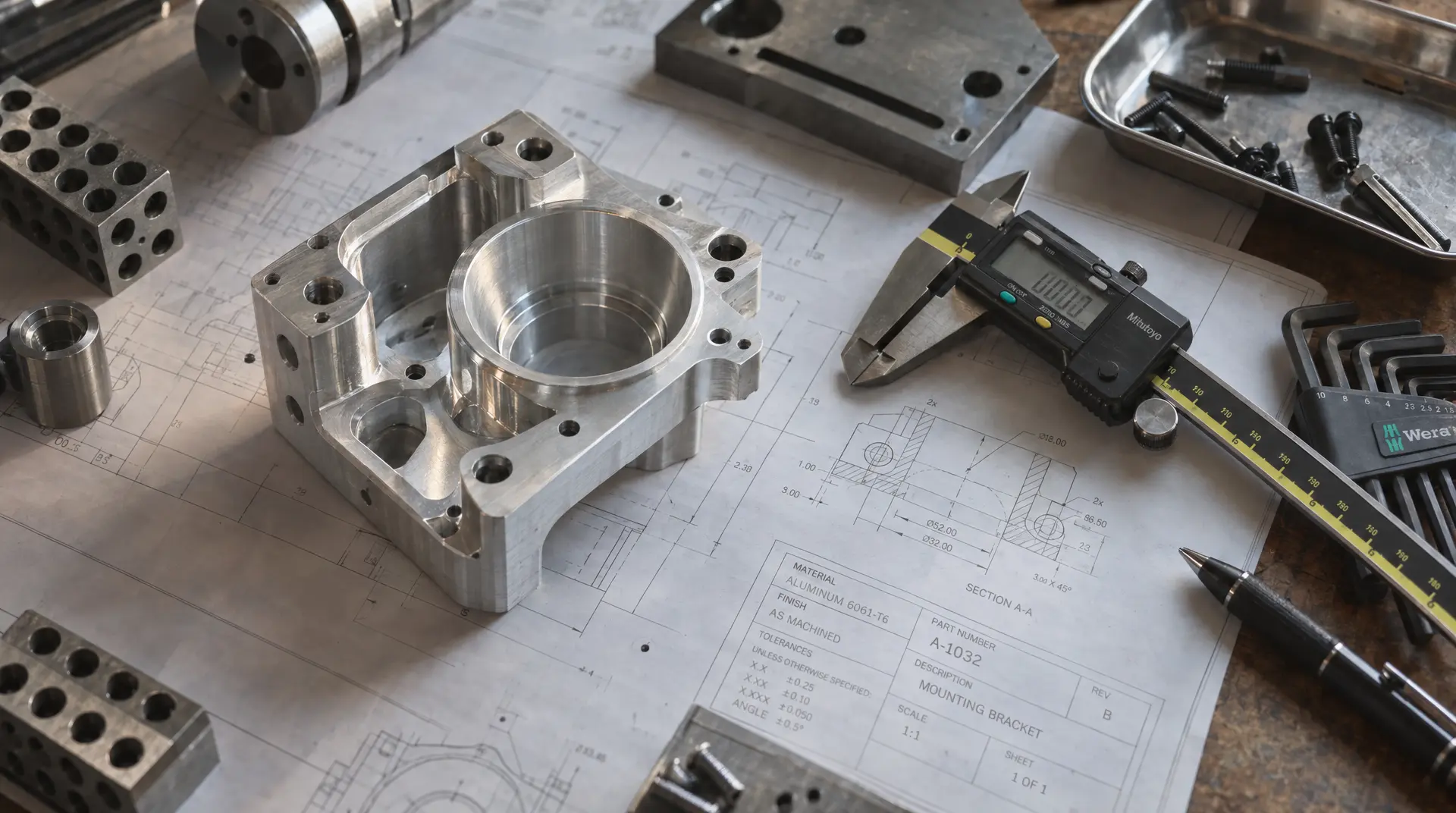 Machined aluminum bracket and cylindrical components sit on technical blueprint sheets beside a digital caliper, micrometer, and measurement tools for manufacturing review.