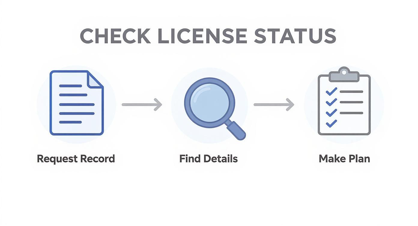 An infographic showing a three-step process flow to check license status. The steps are Request Record with a document icon, Find Details with a magnifying glass icon, and Make Plan with a checklist icon. The style is flat, using blue and gray colors on a white background.