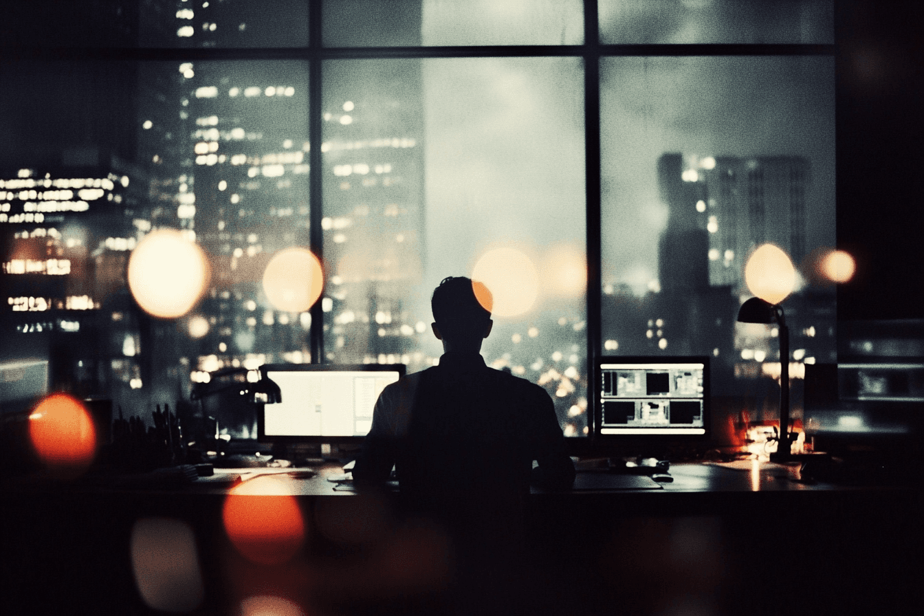 An AI-generated image of a man at a desk of computers looking out a window at a city