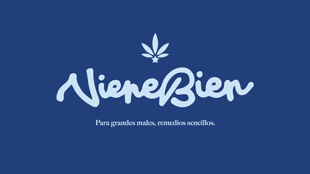 The image displays the logo for "NiepeBien" in light blue cursive script on a dark blue background. A stylized white cannabis leaf is positioned above the text. Below the logo, the tagline "Para grandes males, remedios sencillos." is written in smaller white text.