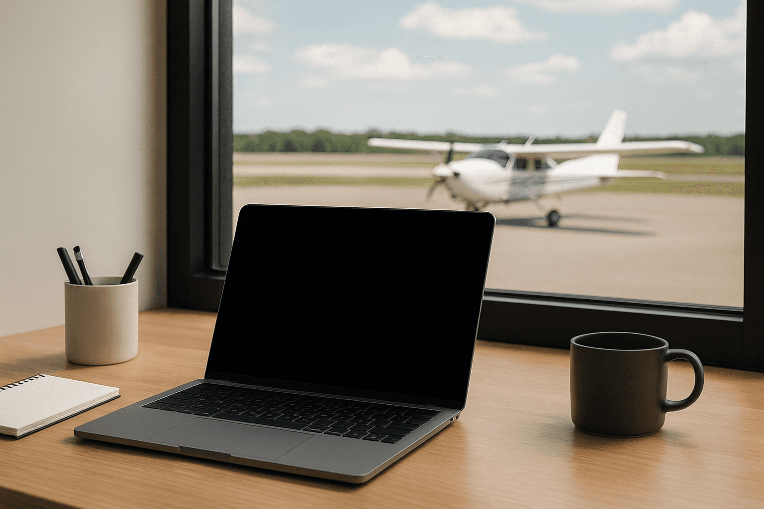 desktop with plane in background