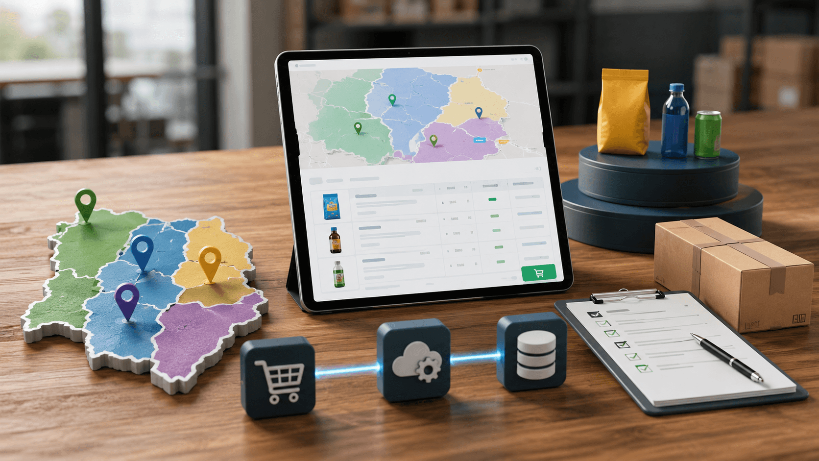Imagem 3D realista em formato 16:9 mostrando um ambiente moderno de vendas B2B. Sobre uma mesa de madeira, há um tablet exibindo um sistema de pedidos com mapa dividido por territórios, catálogo de produtos e tabelas de preços. Ao redor, aparecem elementos logísticos e comerciais como caixas, produtos, checklist e ícones conectando carrinho, nuvem e banco de dados, representando integração com ERP. A cena é limpa, profissional e tecnológica, sem pessoas e sem textos visíveis.