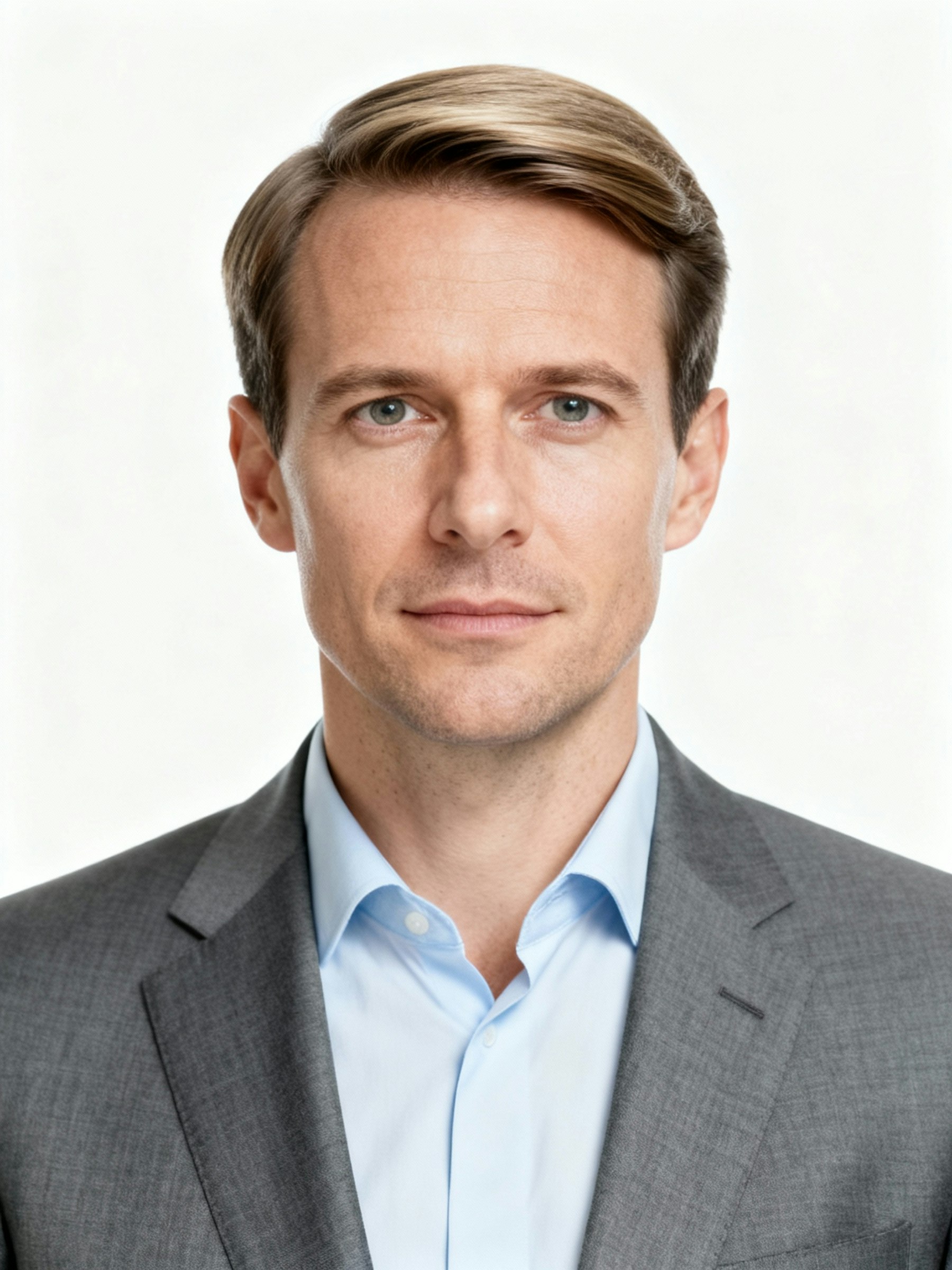 Professional portrait of a man in a gray suit and light blue shirt, with light brown hair and blue eyes, set against a plain white background.