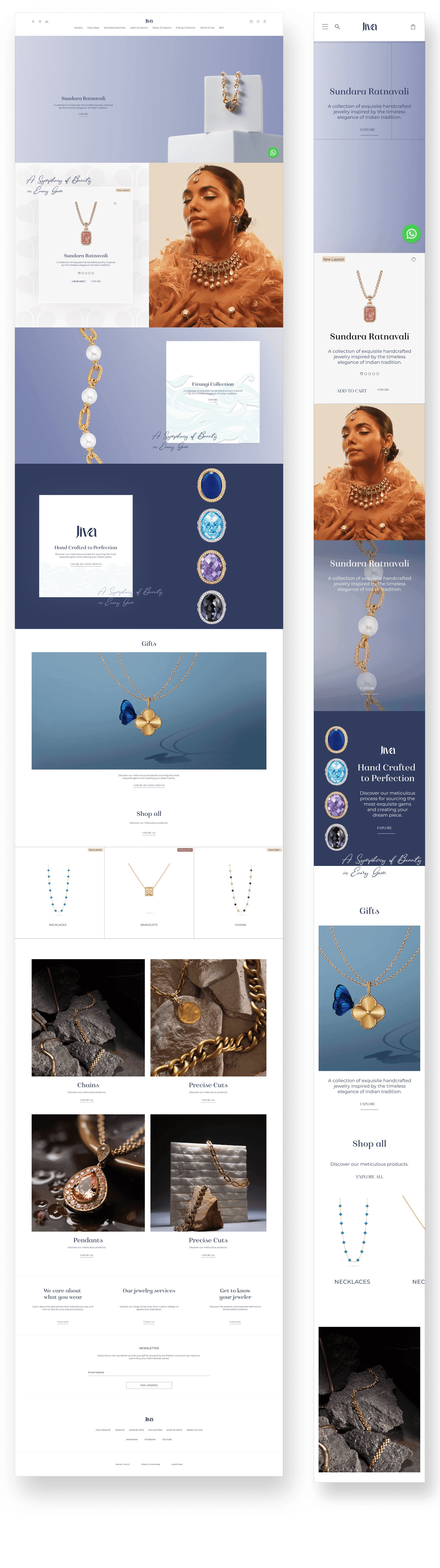 "Jiva Jewellery website homepage showcasing a curated collection of luxurious jewelry pieces, including necklaces, earrings, and pendants. The design highlights a blend of traditional craftsmanship and modern aesthetics, featuring elegant gemstone jewelry, gold chains, and personalized services. Ideal for those seeking timeless elegance and high-quality, handcrafted jewelry."