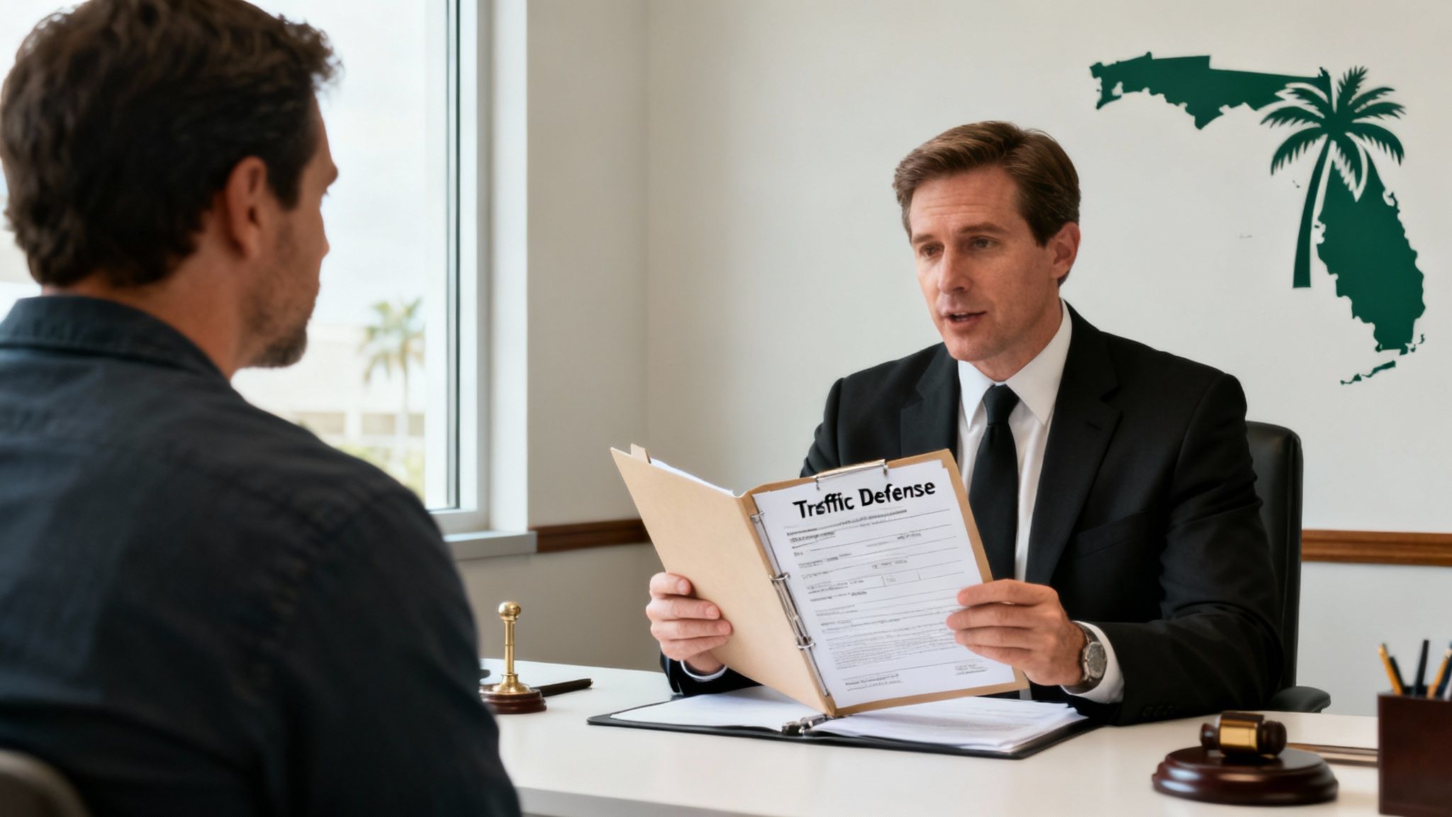 A lawyer in a suit discusses 'Traffic Defense' with a client in an office, a Florida map on the wall.