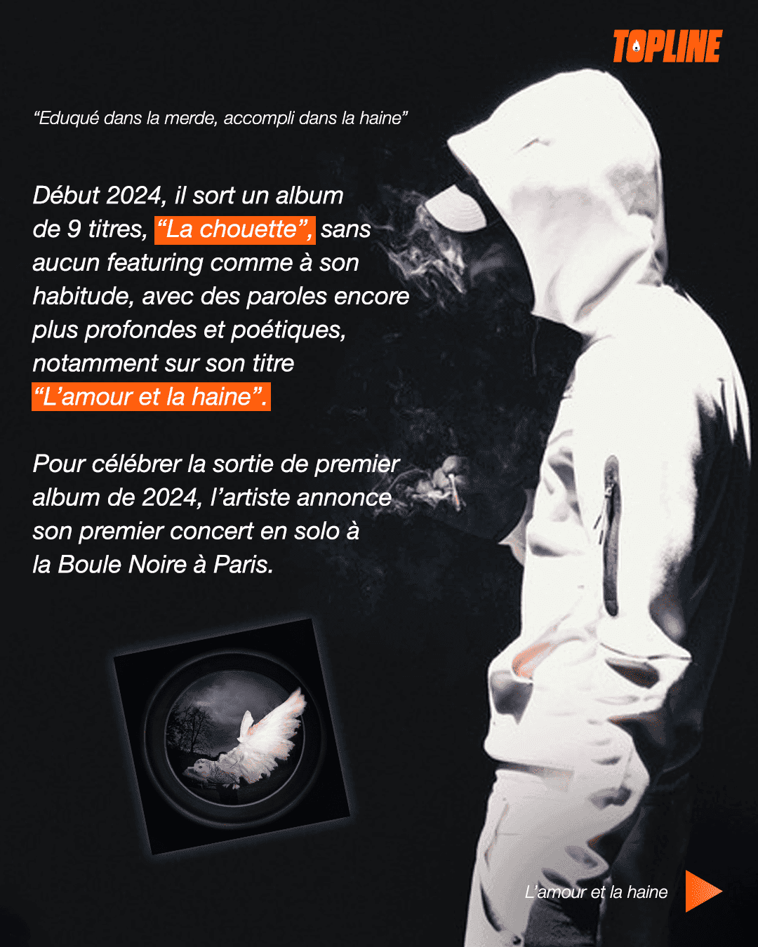 Exemple de post pour les réseaux sociaux du média TopLine, titré 'TURN UP!' sur fond du rappeur français SCH. Le portrait en gros plan de SCH est stylisé : il porte des lunettes de soleil Prada carrées et sombres, une barbe soignée, et plusieurs colliers et boucles d'oreilles. Le titre 'SCH AU STADE DE FRANCE' et les autres actualités (Freeze, Zamdane) sont affichés en typographie blanche et orange, avec un style graphique digne d'une couverture de magazine. Ce post est conçu pour informer l'audience sur l'actualité des concerts, événements et sorties majeures du rap français, illustrant l'expertise de Nux-Studio en graphisme digital et direction artistique de contenu événementiel et d'actualité.