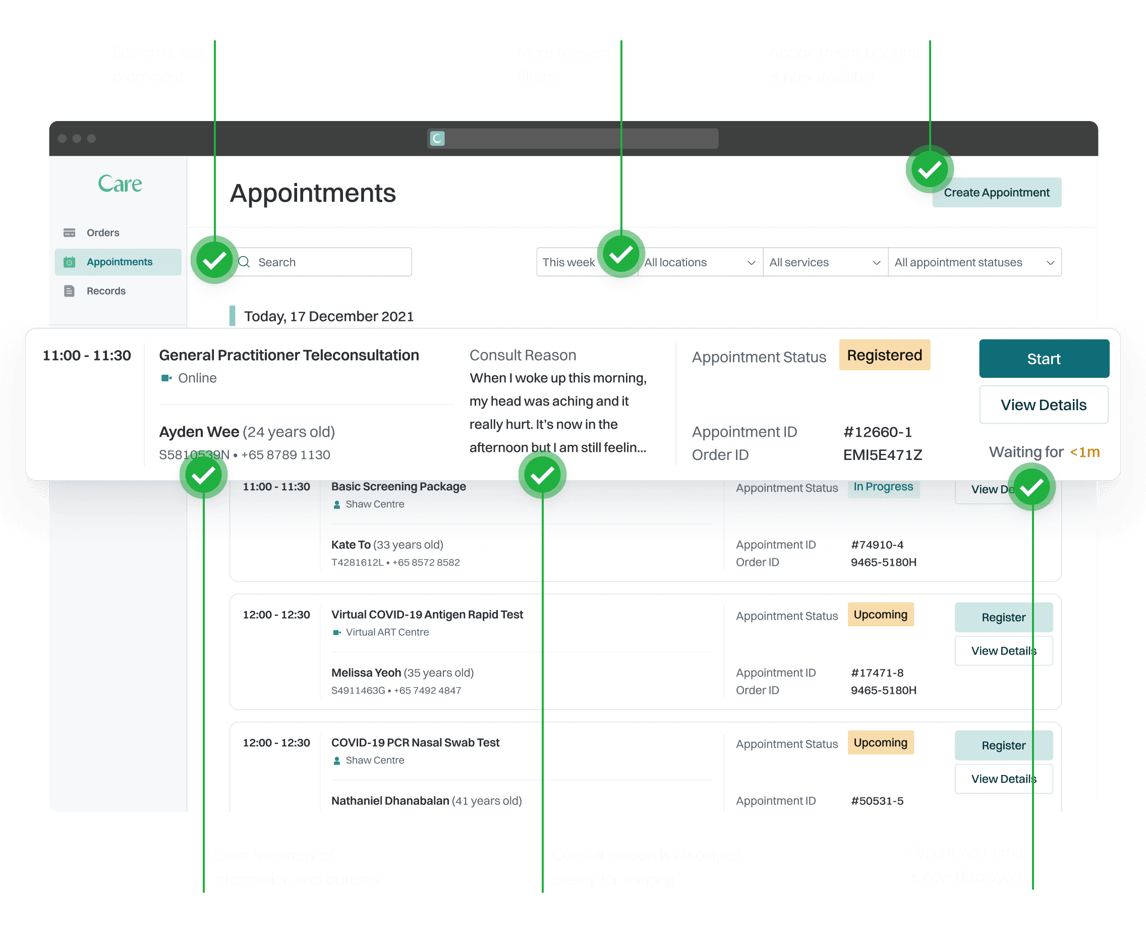 A screenshot showing the previous interface of a teleconsultation app, emphasizing a queue-based system and highlighting various interface problems such as a disorganized hierarchy and excessive prominence of rarely used features.