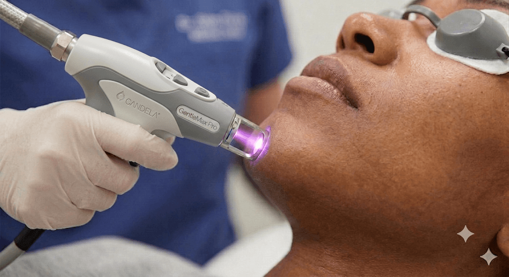 A clinical close-up showing a chilled laser handpiece gliding over the chin area of a patient with dusky skin. A clear layer of cooling gel is visible, emphasizing the protective measures taken to prevent heat injury to the skin.