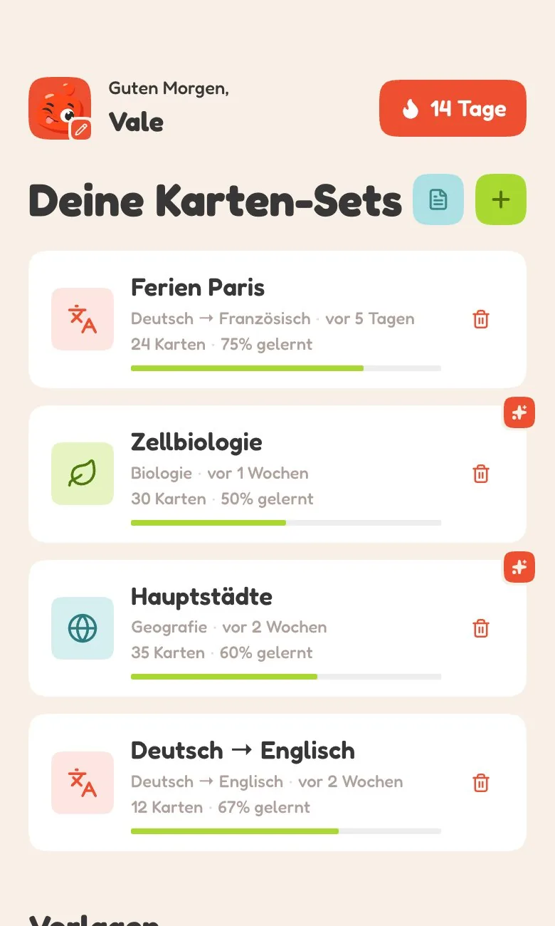 Mandara: Startseite der Lern-App