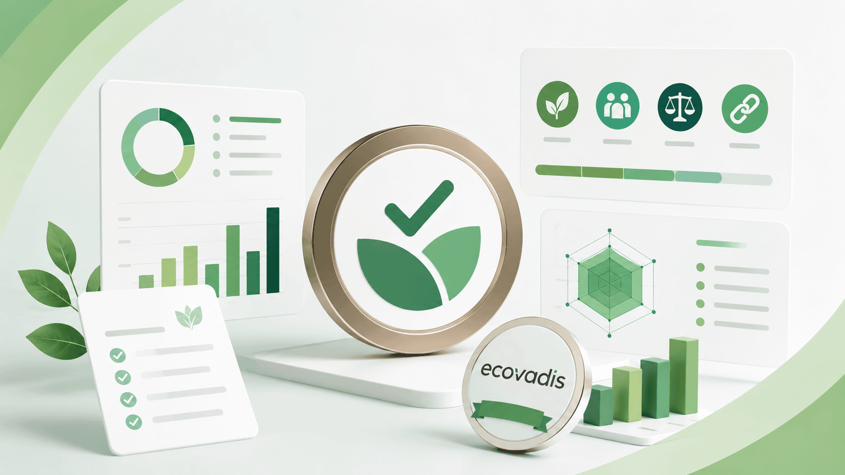 Image de couverture de style Metrikflow pour un article sur EcoVadis, montrant un sceau ESG, des tableaux de bord de durabilité, des graphiques, une liste de contrôle et des icônes environnementales, sociales et de gouvernance sur un fond clair avec des touches de vert.