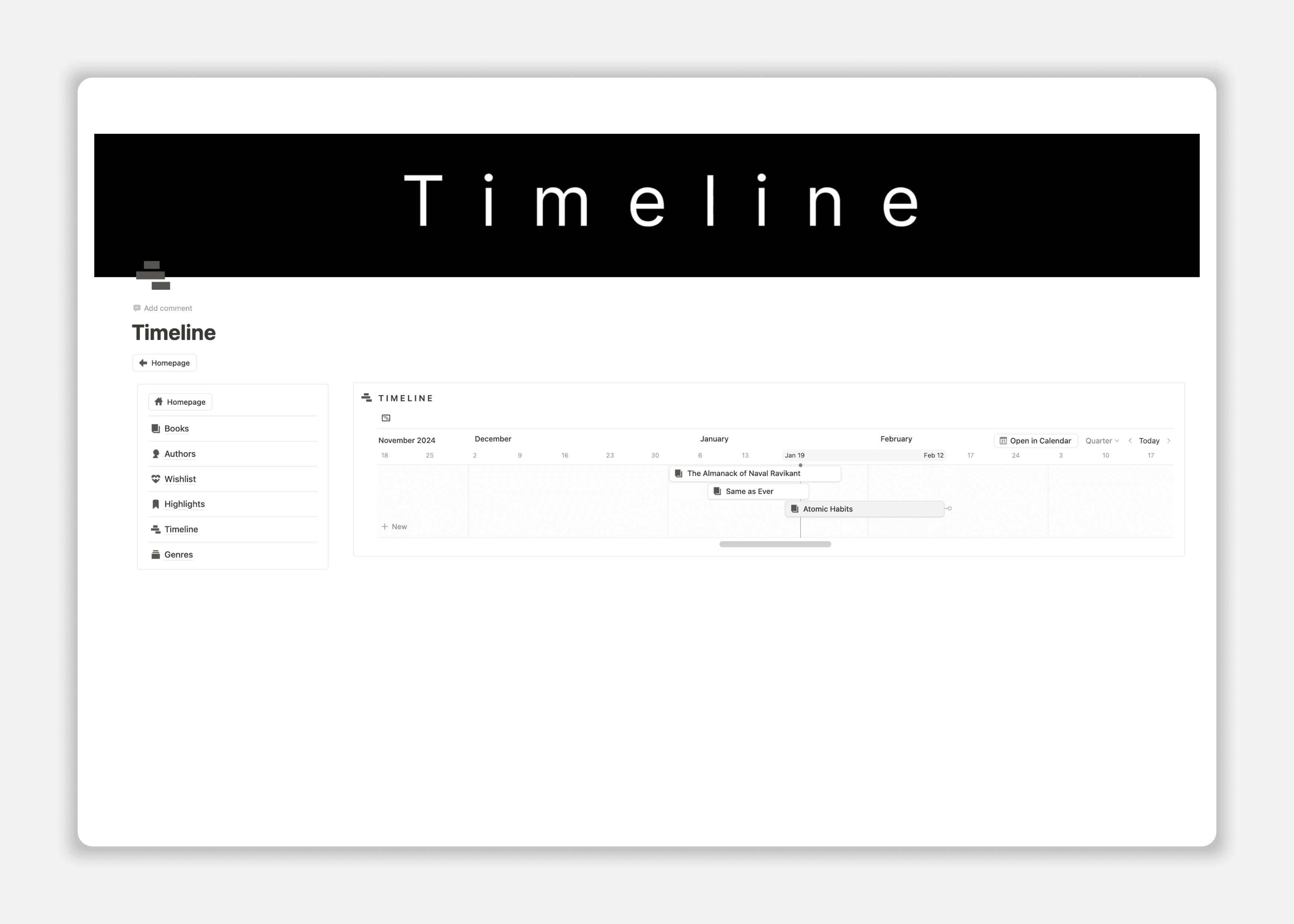 Notion Book Tracker Template - Web Feature5 - Reading Timeline