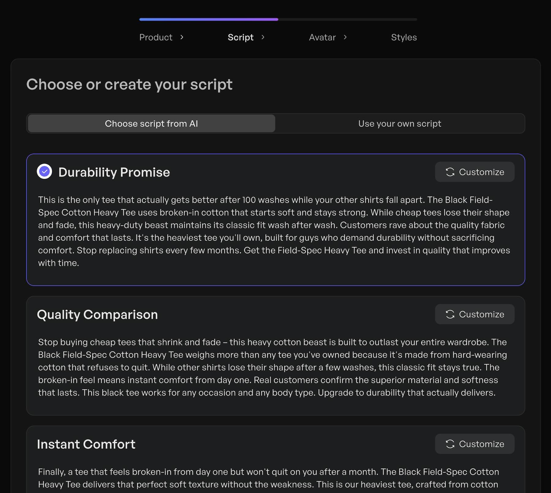 Creatify's ad script generator interface