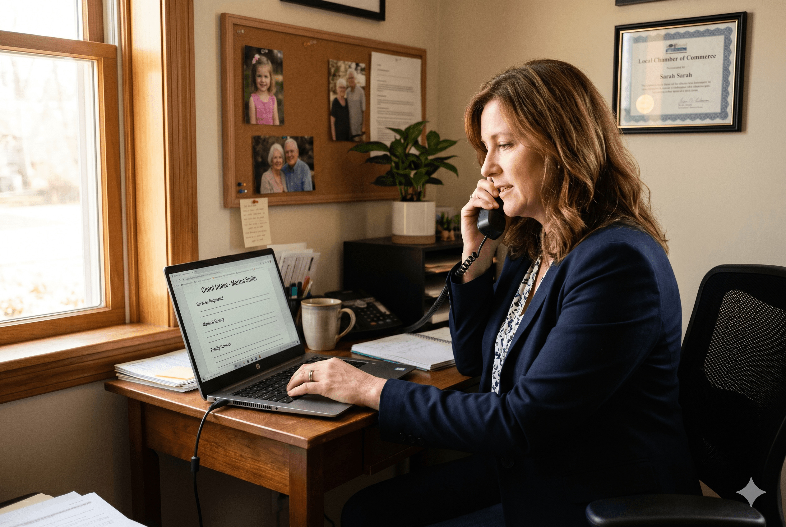 A home care agency owner in her 40s sitting at a small desk, speaking calmly on the phone with an adult daughter, a laptop open in front of her showing a simple intake notes screen, warm natural light, modest office with a few family photos, realistic documentary style, shot on Fujifilm X-T4, aspect ratio 3:2