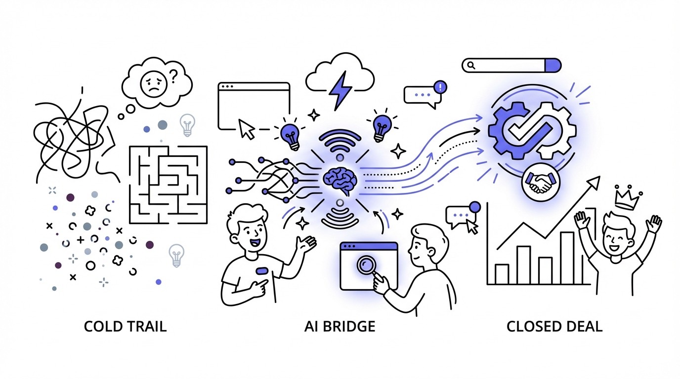 An abstract illustration showing AI bridging a 'cold trail' of fragmented, dark data on the left to a 'closed deal' of clear, successful outcomes on the right, with a glowing neural network and data streams in the center.