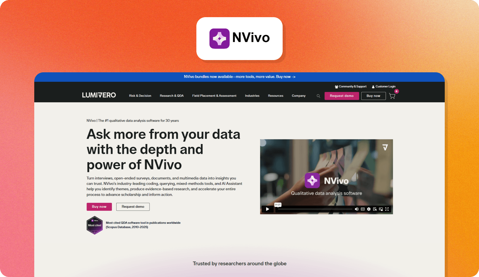 Screenshot of the NVivo Transcription product page on the Lumivero website, with the headline "NVivo Transcription – Powerful Automated Transcription Software." The page describes it as an automated transcription service using machine-learning technology, claiming 90% accuracy from quality audio and video recordings. A smiling woman in a blazer is shown on the right side of the page. The NVivo logo — featuring a compass-like icon — appears above the browser screenshot on an orange gradient background.
