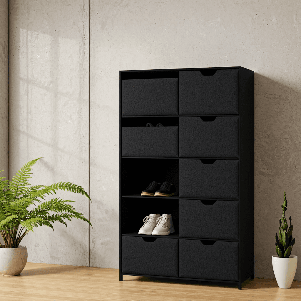 product photography of a shoe storage cabinet with multiple compartments