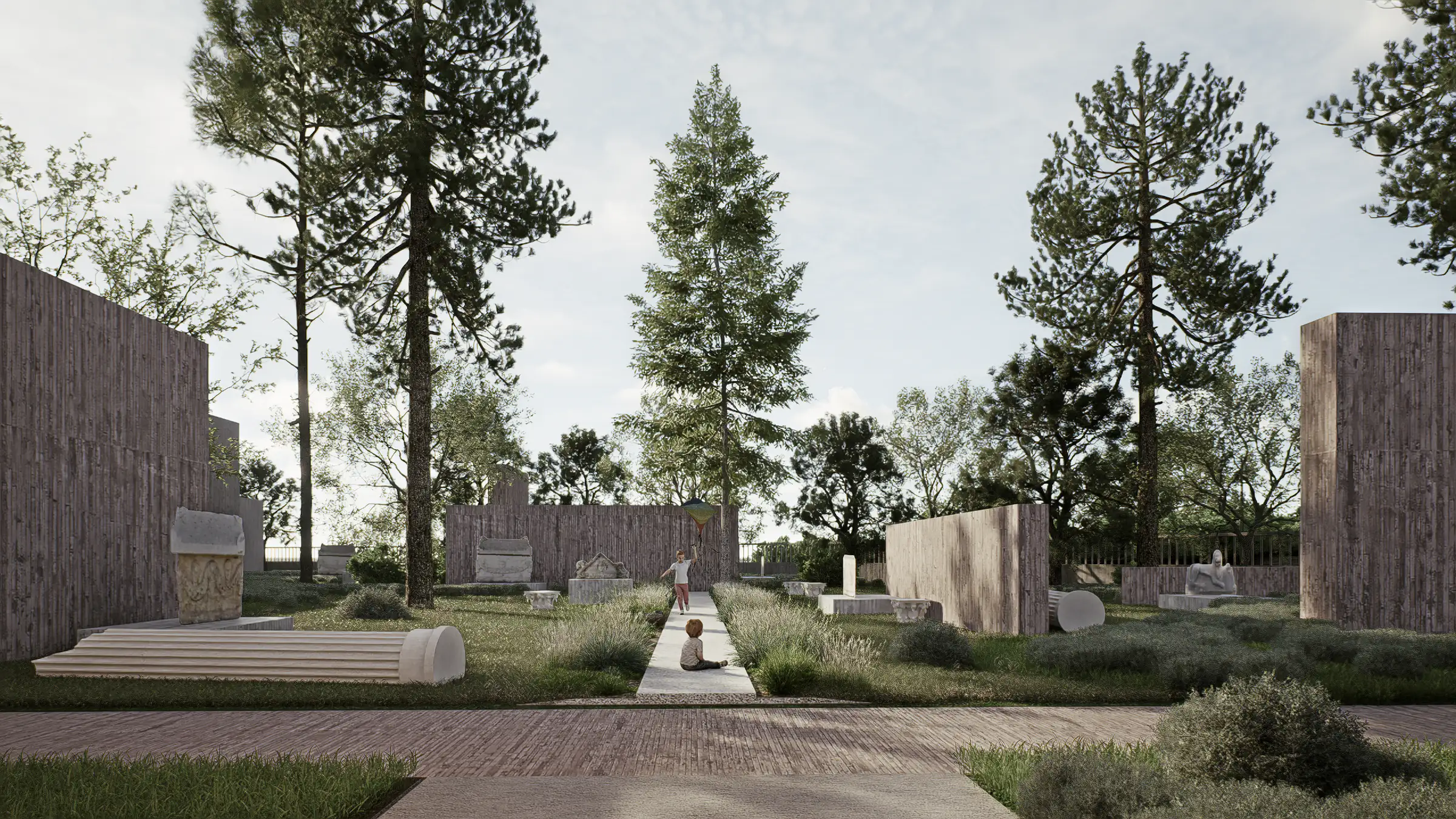 Garden beneath pine trees displaying column fragments and sarcophagi, with children playing on the path
